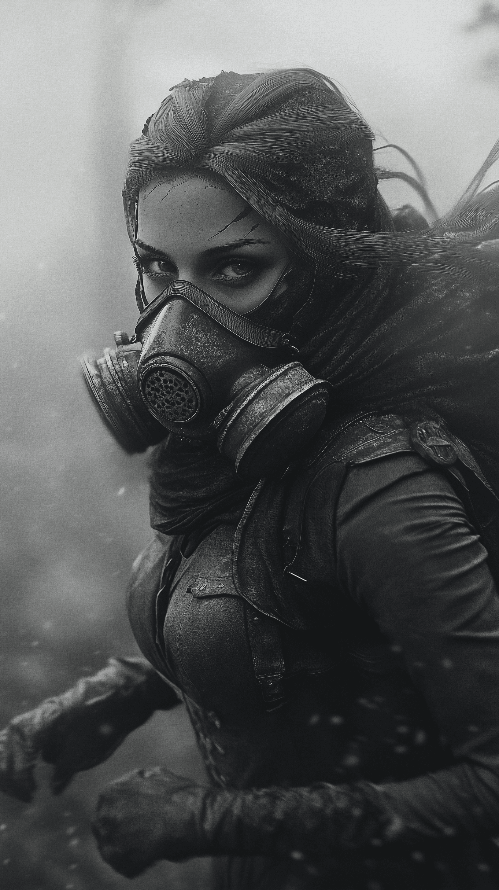 AI generated: Black and white render of a girl in a gas mask and gothic clothing running in the woods, 8K UHD Deta...