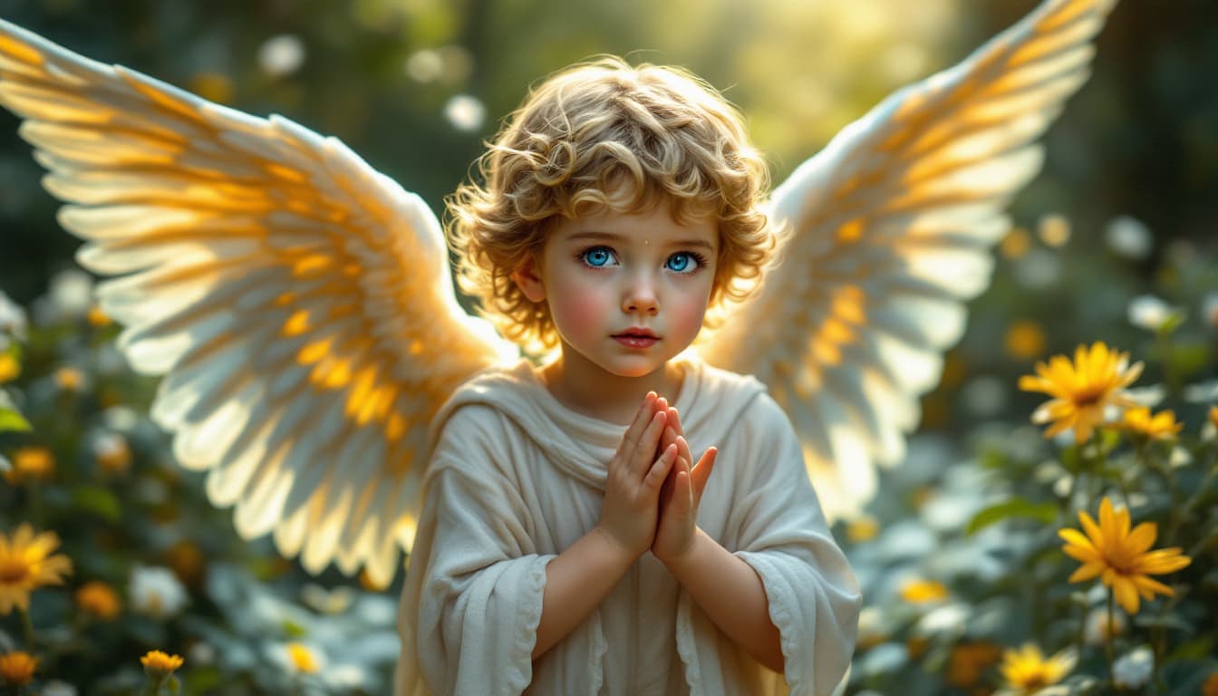 AI generated: in royal garden little angels with blue eyes
 from greek mythology  in zen serenity 
,serenity,surro...