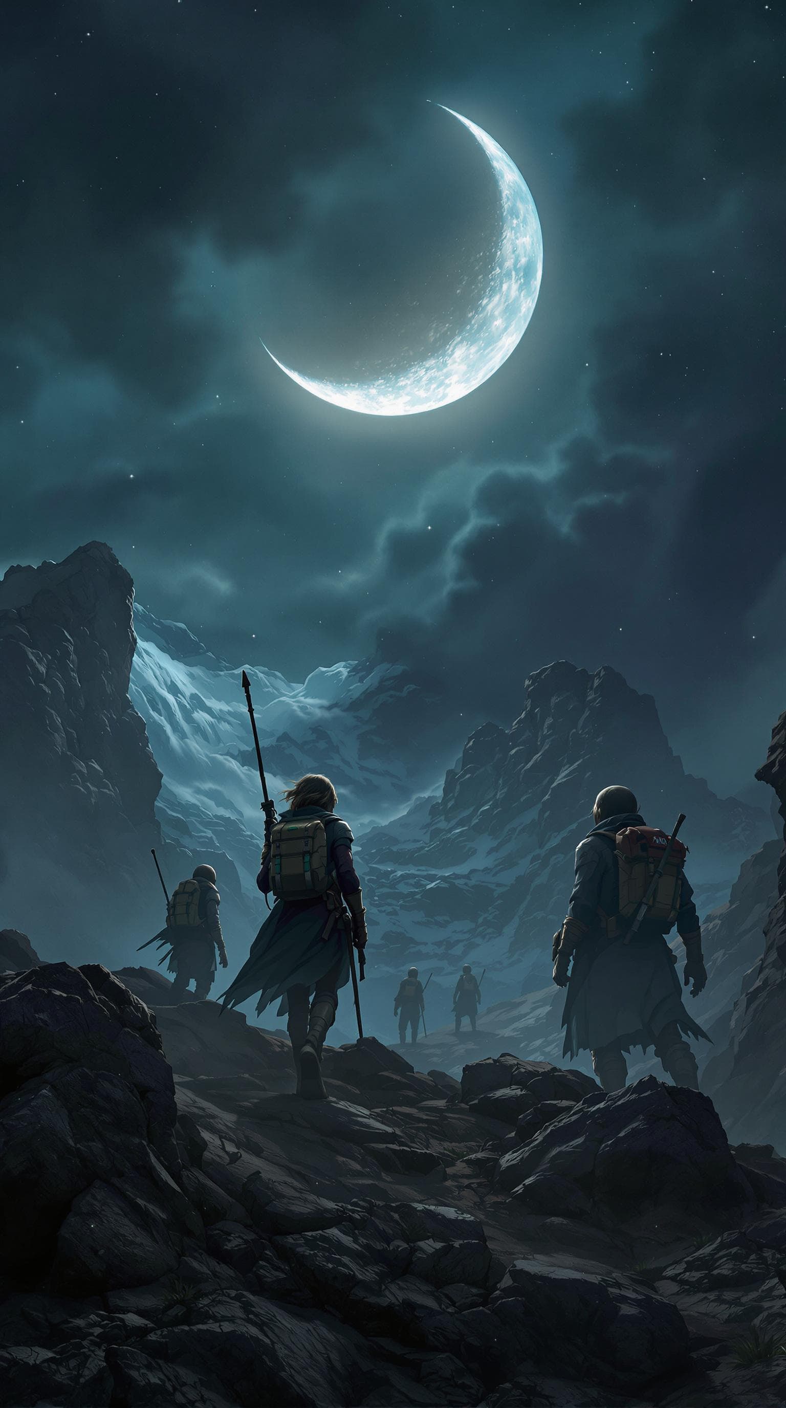 AI generated: Adventurers in training, with a crescent moon in the background, digital art, hyper realistic, fanta...