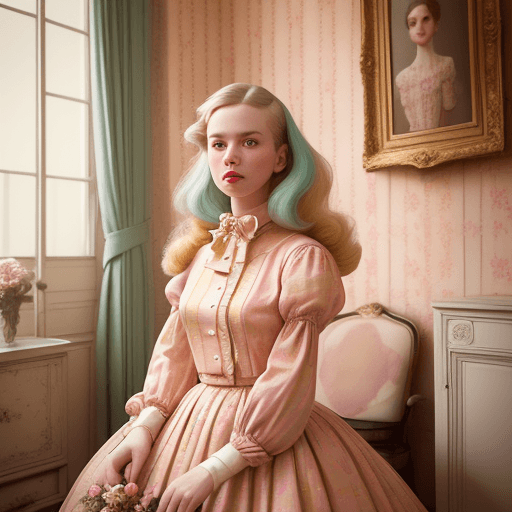 AI generated: mdjrny-v4 style, hyper-realistic portrait photo of a woman wearing vintage-style clothes inside a Pa...