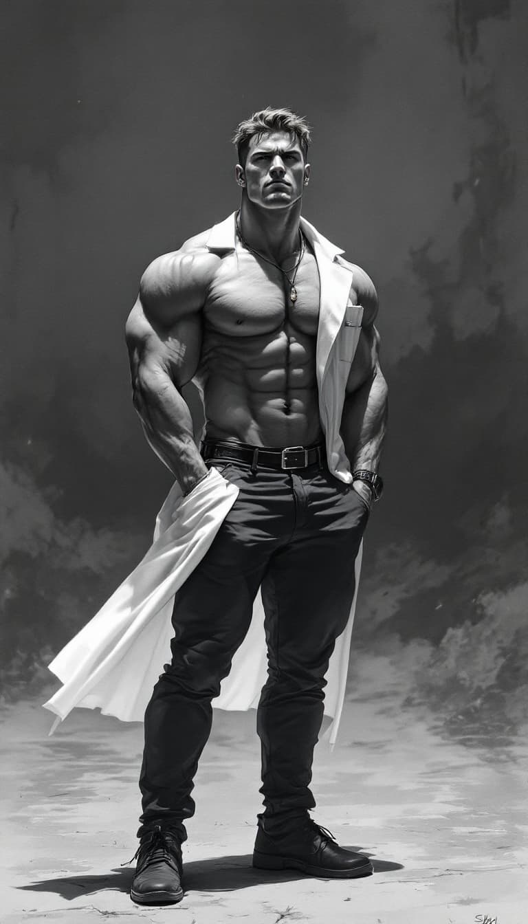 AI generated: handsome male,solo,big muscle,abs,doctor coat
