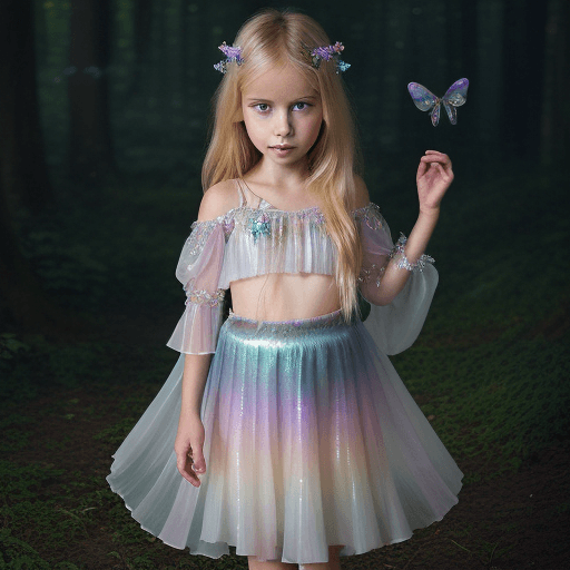 AI generated: a 5-year-old blonde girl clothes are adorned with shimmering iridescent silks, intricate lace, and d...