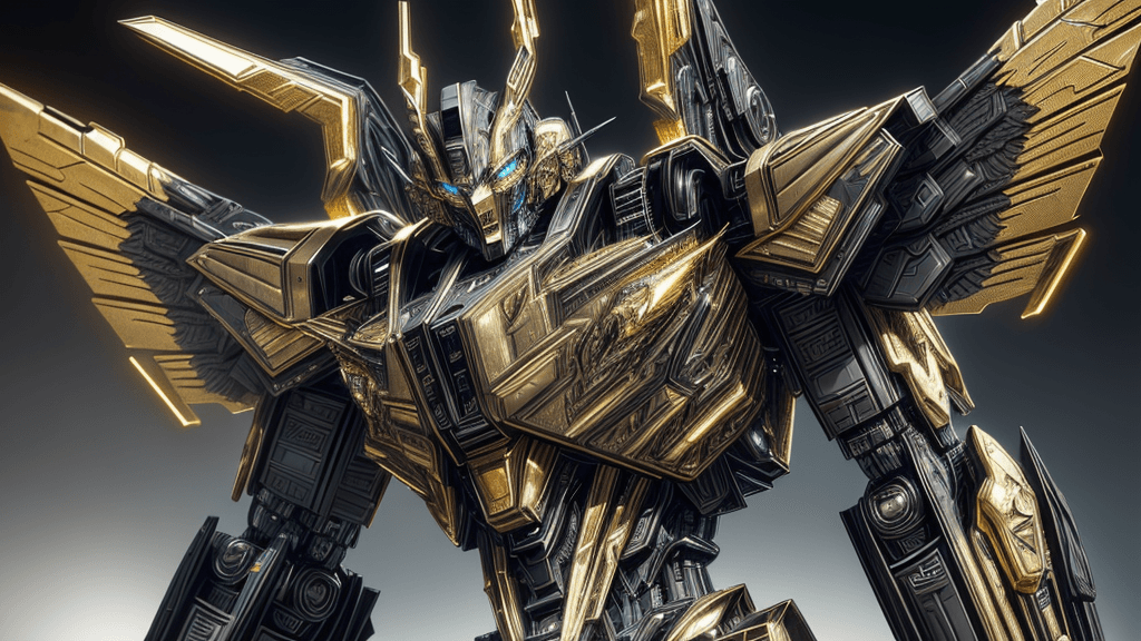 AI generated: Transformers, Intricate Detail, Metal texture, Black and gold Mecha, Dynamic Pose, Blue eyeballs, Bl...