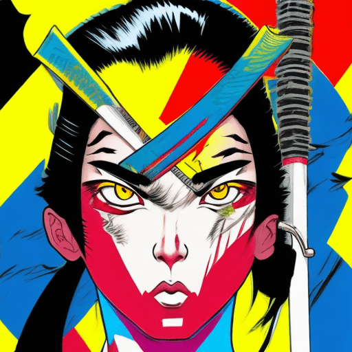 AI generated: The Cultural Revolution meets pop art, close up shot of a yellow eyes and black hair, holding a kata...