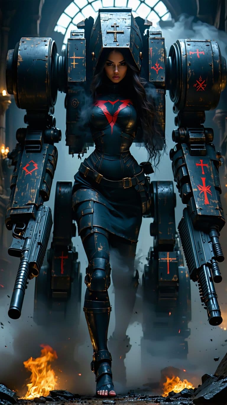 AI generated: The image features a strong female figure inside a massive war machine resembling a mechanical exosk...