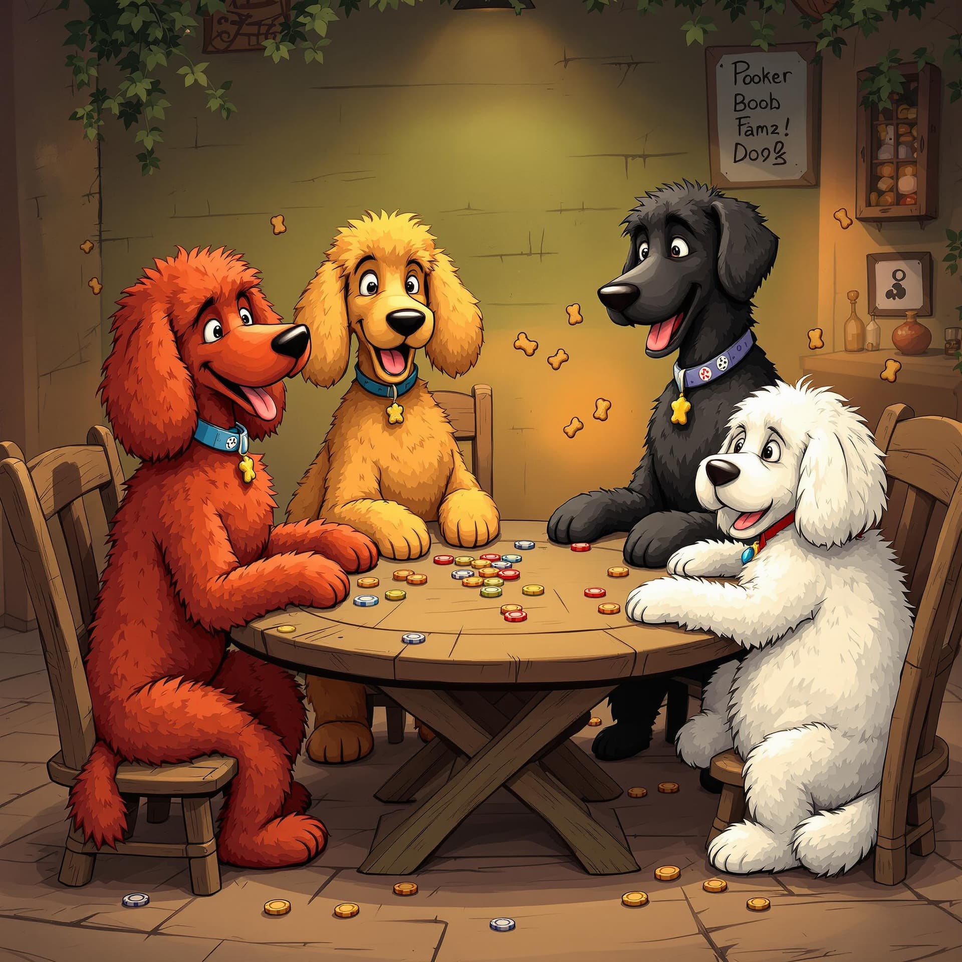 AI generated: A whimsical cartoon depicting four dogs—a vibrant red, a sunny apricot, and a sleek black Standard P...
