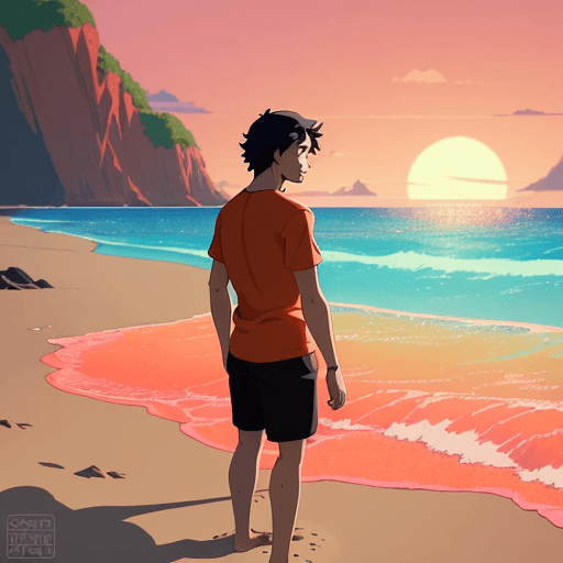 AI generated: make a landscape of a young man back inside the sea, with orange shirt and black hair. Pink sand. Ba...