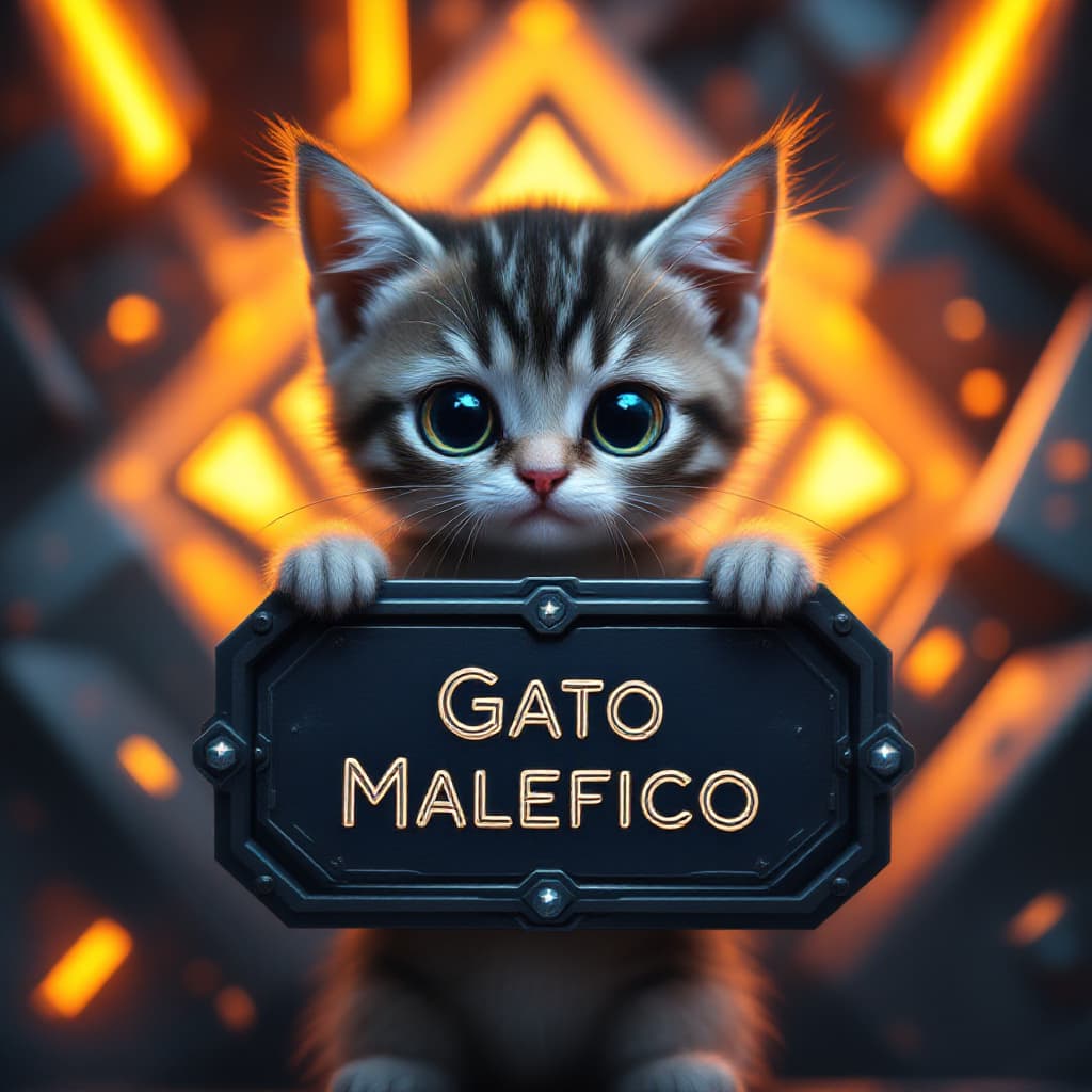 AI generated: Cute Baby cat with huge eyes, sad eyes, holding a Flat lay mockup of [a futuristic metal sign] (with...
