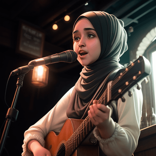 AI generated: In a cozy pub, a talented hijab female singer - songwriter takes the stage, pouring her heart into h...