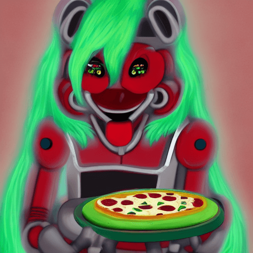 AI generated: Robot, Roxanne Wolf, <lora:fnafsb_roxannewolf-11:1>, animatronic, 
Animatronic, green hair, Pizza re...