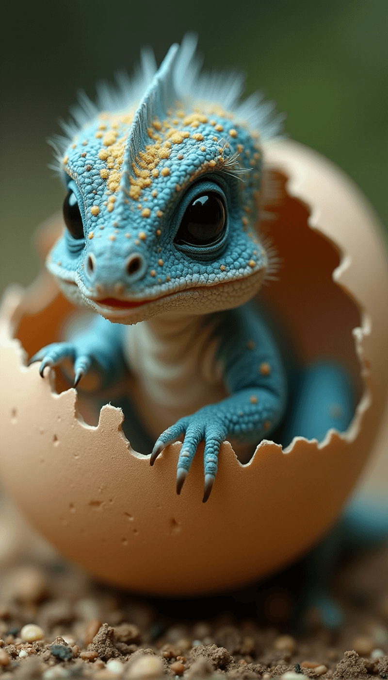 AI generated: (Photorealistic macro shot) of a (miniature newborn dinosaur) crawling out of a (broken eggshell). T...