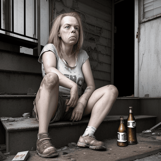 AI generated: A low angle shot of a young Aileen Wuornos sitting on the steps of a dilapidated house, her face har...
