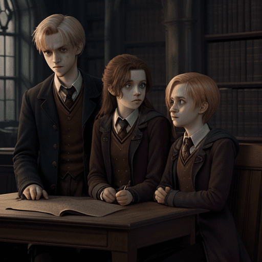 AI generated: Hermione, Draco and Ron, love potion, broken heart, realistic