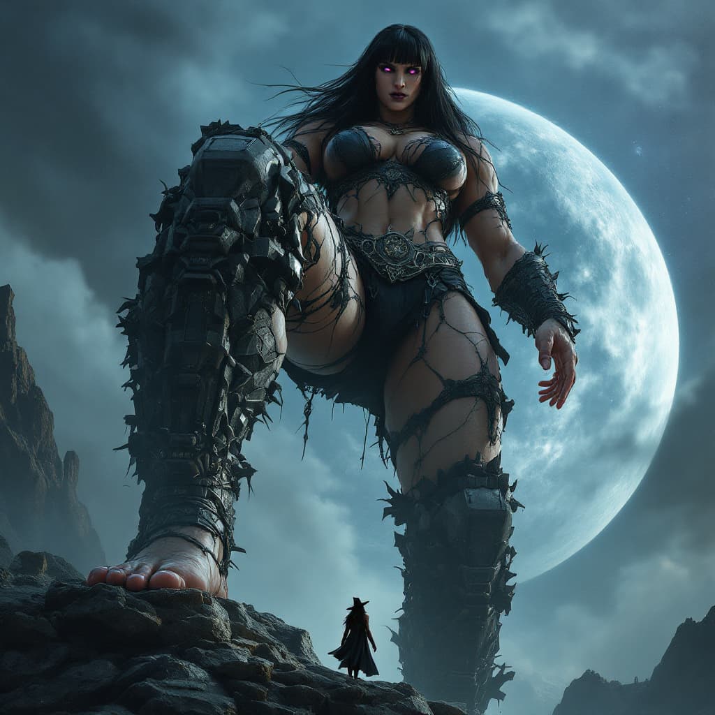 AI generated: enormous giantess female Rhea Ripley from WWE with black medium length hair and straight bangs, bigg...