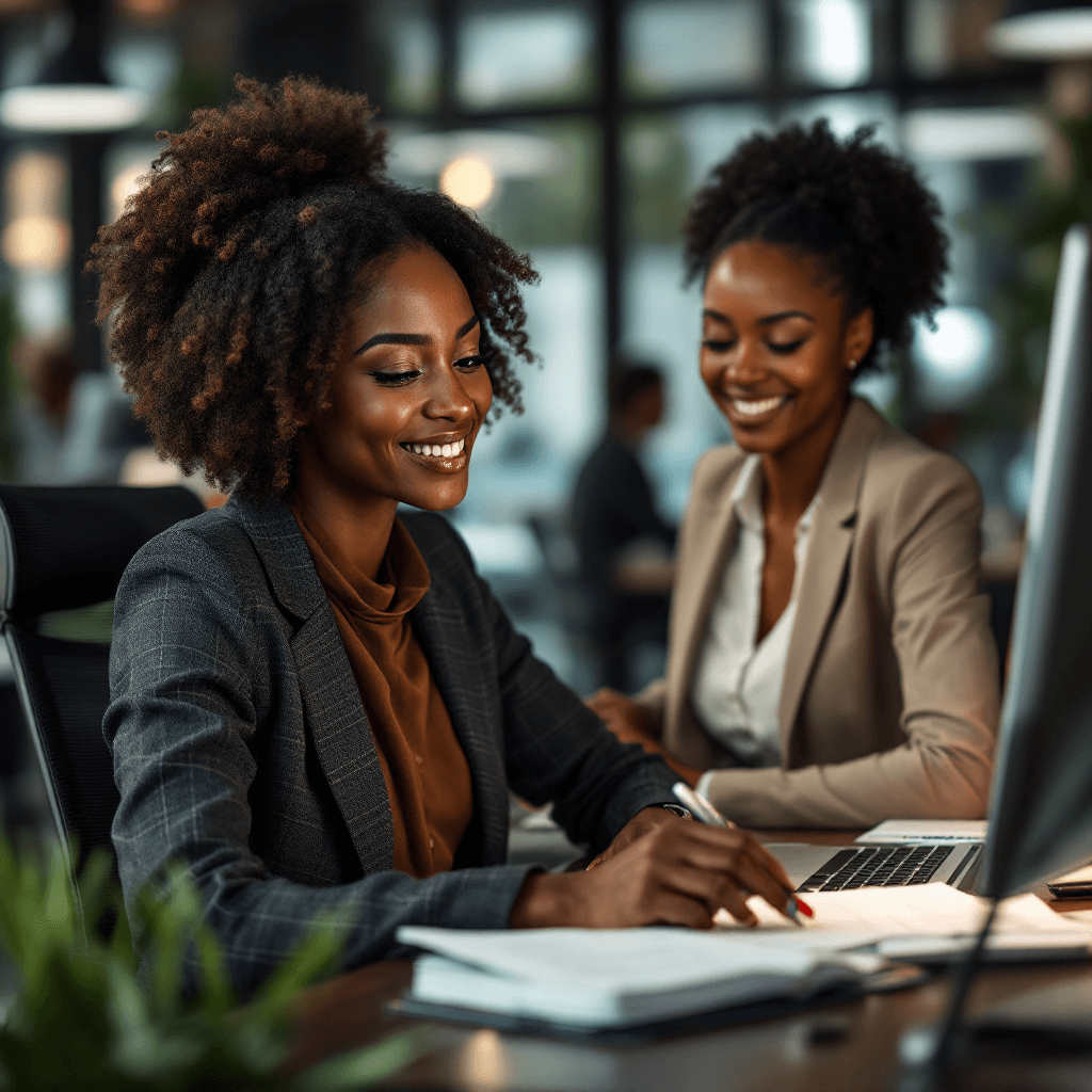AI generated:  realistic female african american tax professionals working in office