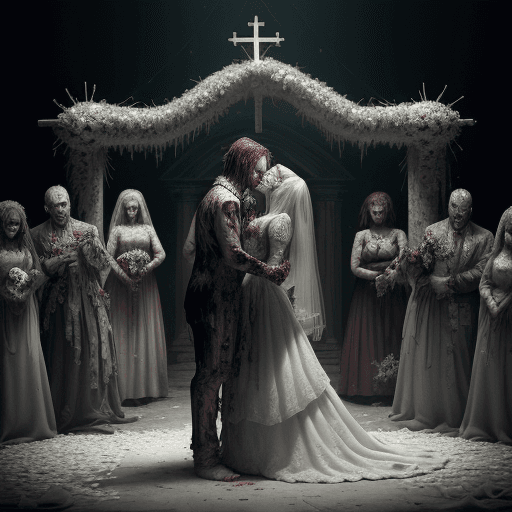 AI generated: A kiss zombie Wedding, Wedding ceremony in front of an unholy altar, bride, groom, priest, guests   ...