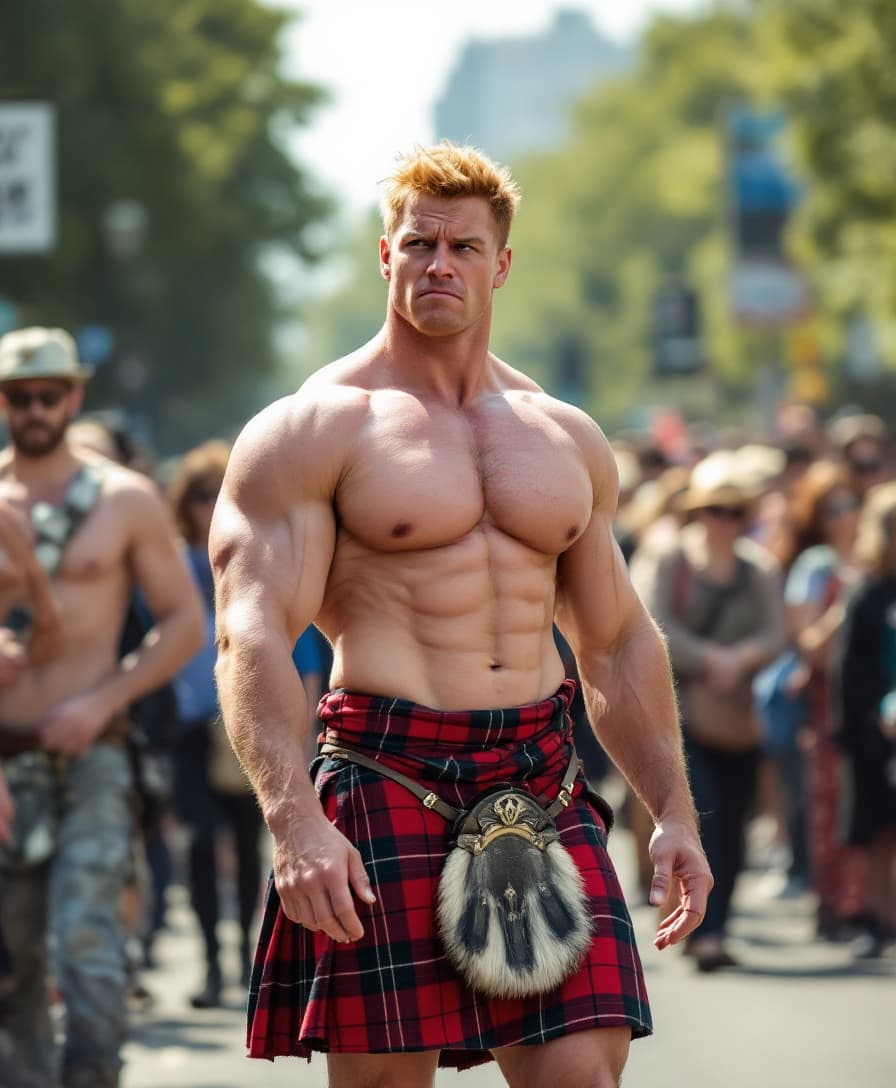 AI generated: high-resolution photo muscular man, show boots, reddish blonde hair, unhappy expression, wearing a t...