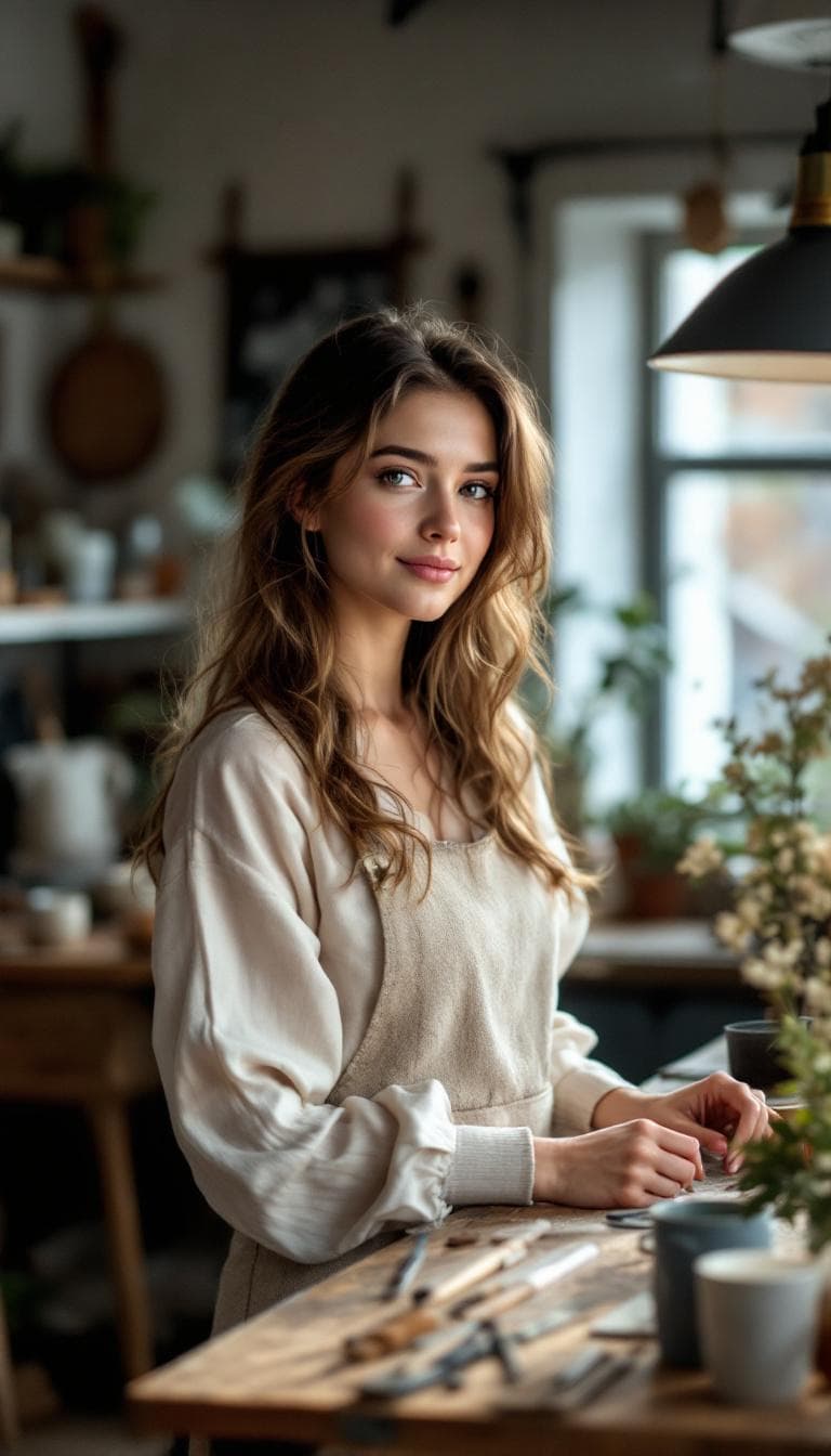 AI generated: A professional photograph captures the most beautiful girl in the world. eine frau im dachatelier, s...