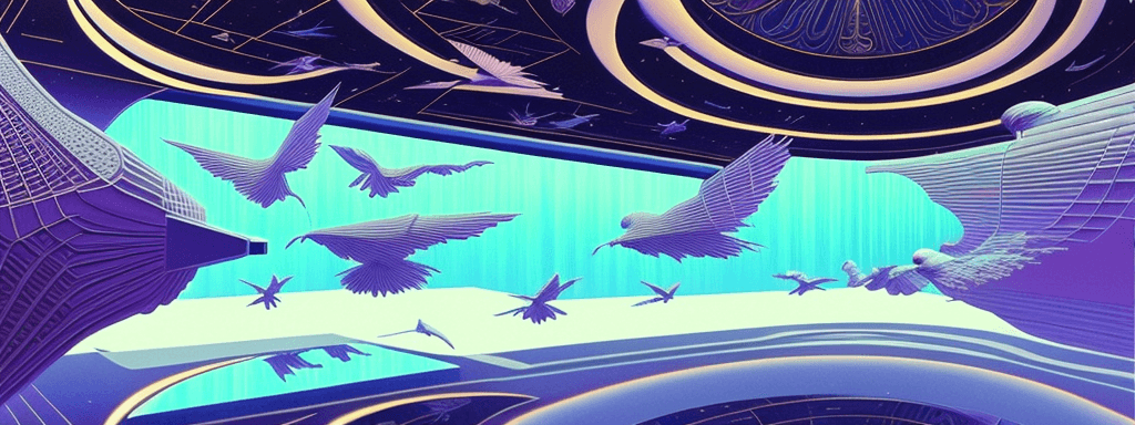 AI generated: a 3d detailed painting inspired by moebius of a 4d mirror cabinet. flying birds, inspired by technol...