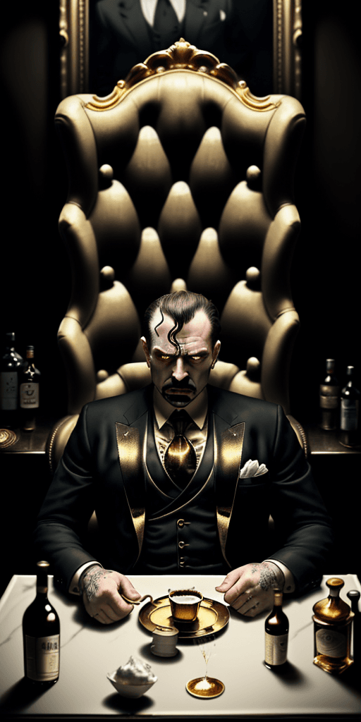 AI generated: 
dark and sad atmosphere in the foreground a golden table on the cream is money and whiskey in the b...