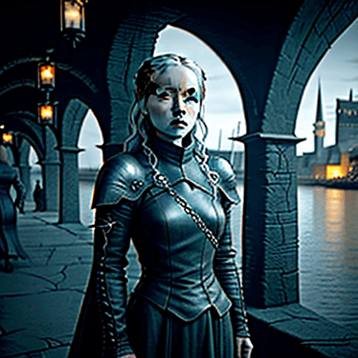 AI generated: A Game of Thrones style female rogue hiding in the shadows of a waterfront city





