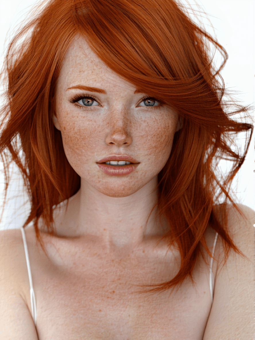 AI generated: A vibrant redhead, her skin fair and youthful, her eyes piercing with a seductive sparkle that compl...