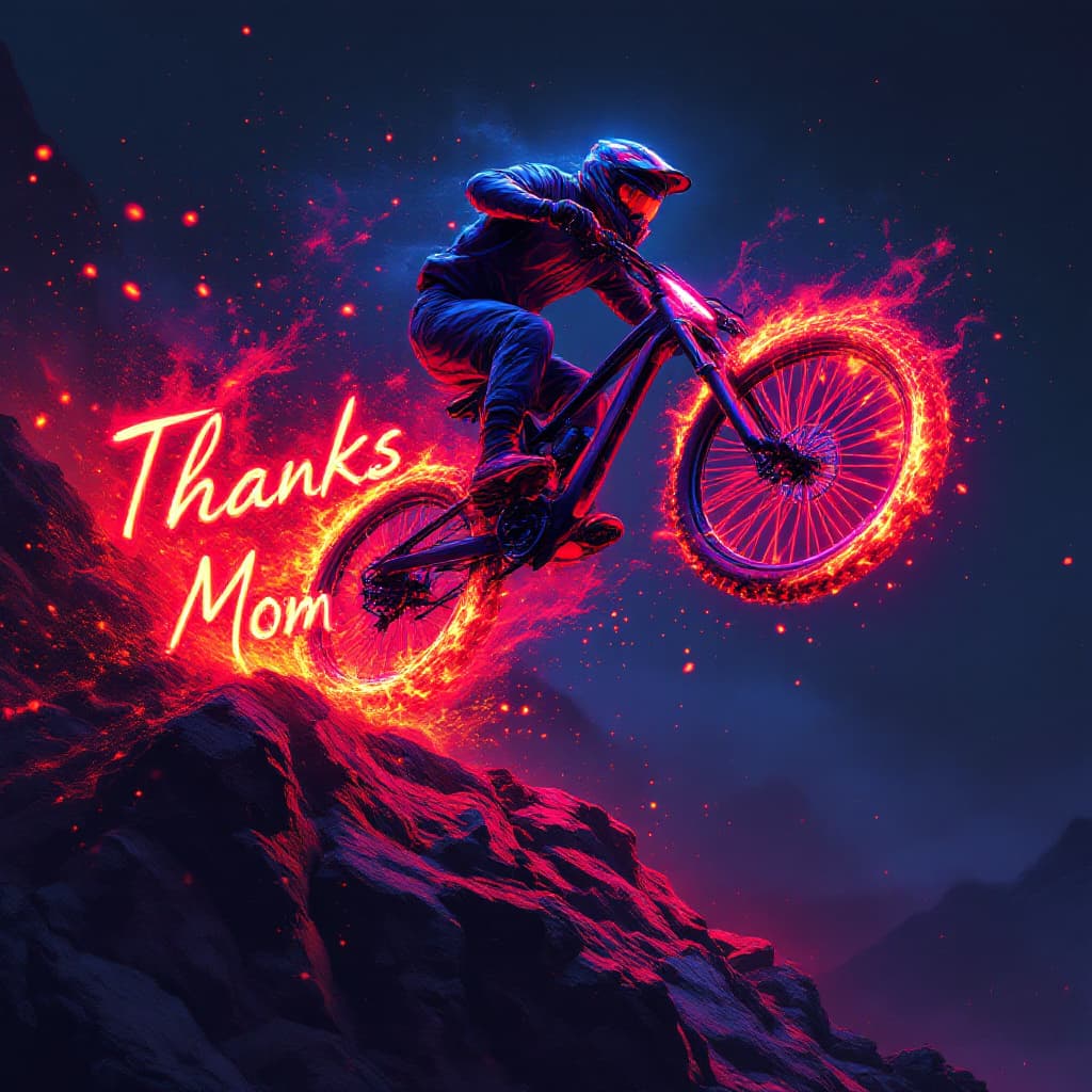 AI generated: A furious anime style red-blazing mountain bike with rider jumping off a cliff, dominating the surro...