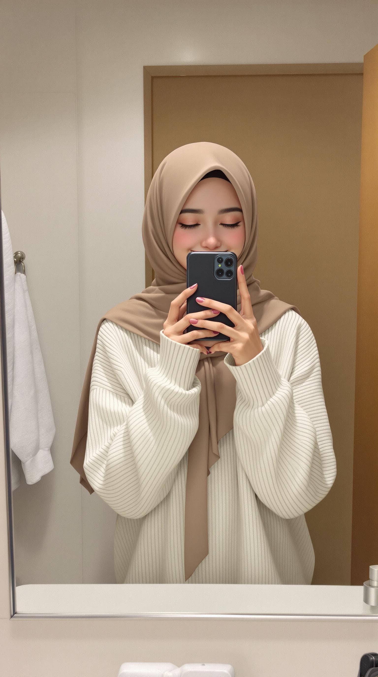 AI generated: anime realistic, 1girl, wearing a hijab smiles, mirror selfie. She is wearing a white sweater and a ...