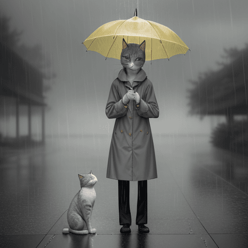 AI generated:   "prompt": "A gray cat dressed in a yellow raincoat, holding a small umbrella, standing in the rain...