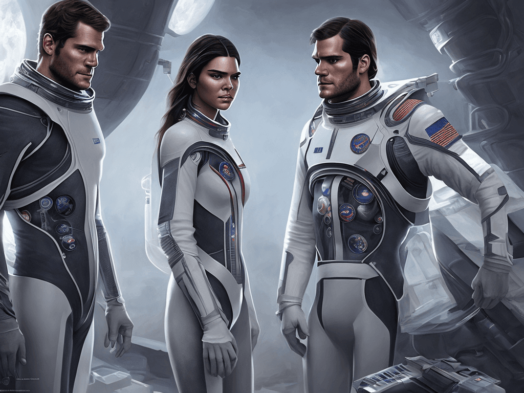 AI generated: Portrait of (Kendall Jenner) and (Henry Cavill) as (Space Colony Members), Colony Uniform, charming,...