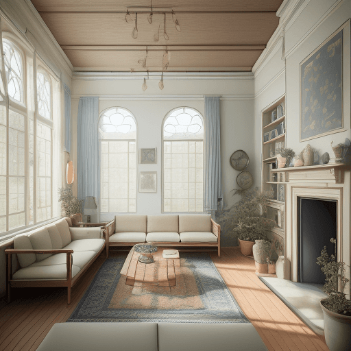 AI generated: High resolution photography interior design, dreamy sunken living room conversation pit, wooden floo...