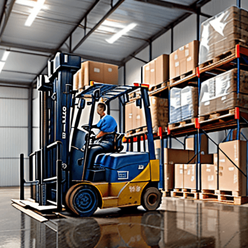 AI generated: The image depicts a warehouse from a distance, with multiple elevated racks filled with brown boxes ...