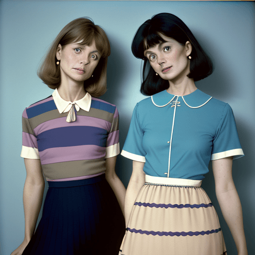 AI generated: two 40yo women together, one wearing a dress and the other wearing a shirt and skirt, in the style o...