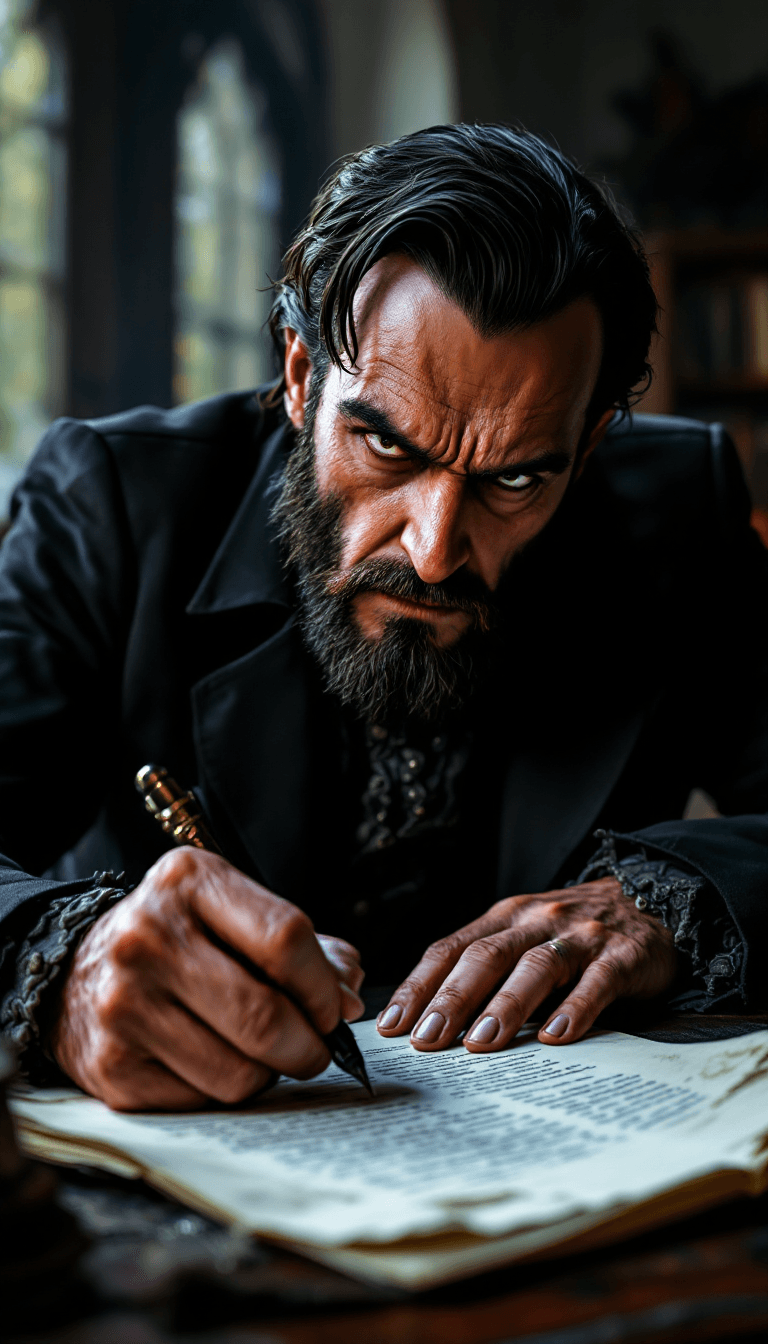AI generated: A close-up of a Victorian man's hand writing a letter, with a sly expression on his face, in a Penny...