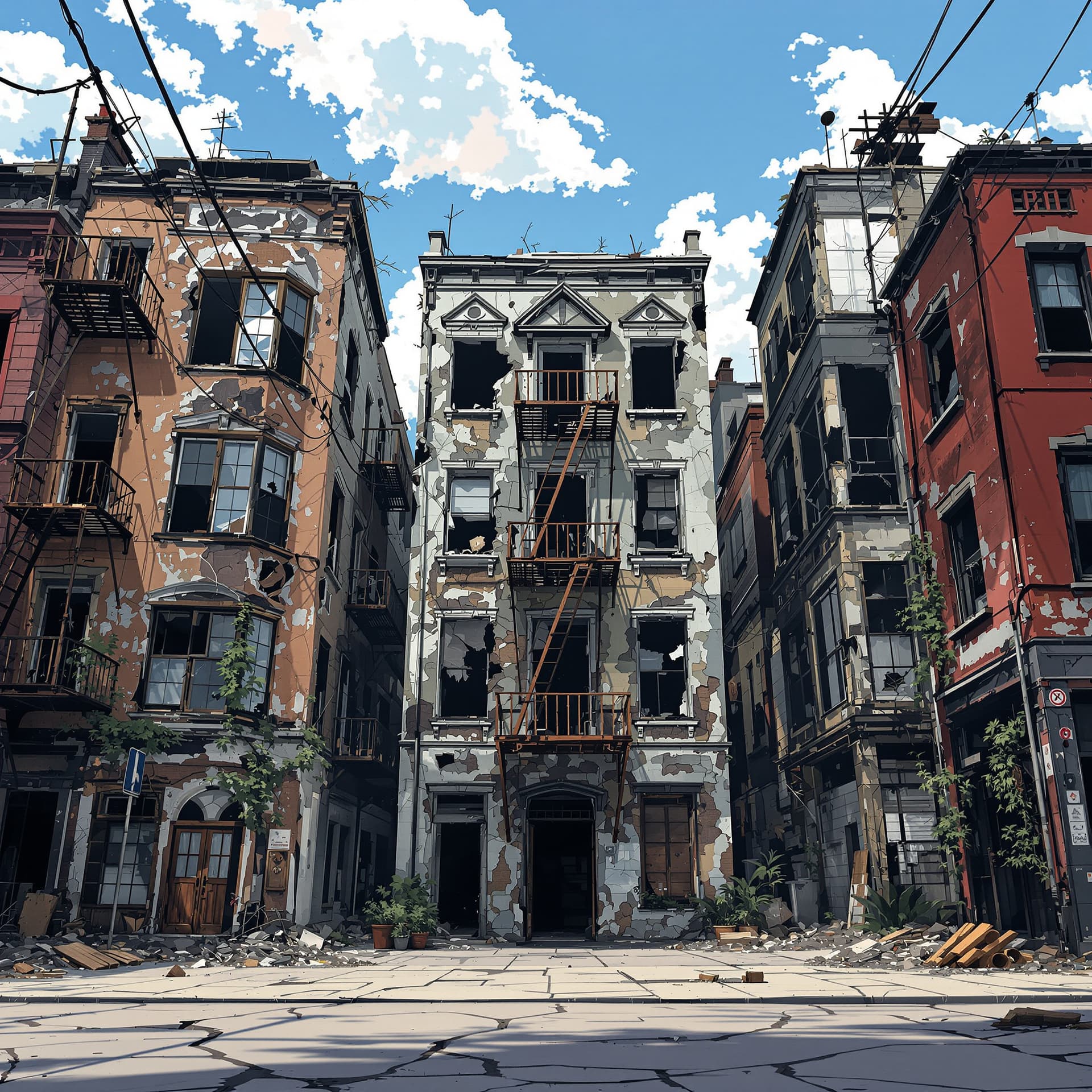 AI generated: front view of A destroyed abandoned urban anime ghetto neighborhood really run down abandoned buildi...