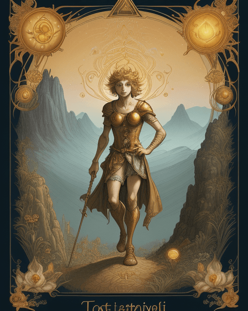 AI generated: An image of an adventurous Fool Tarot Card persona embarking on a journey across a mystical landscap...