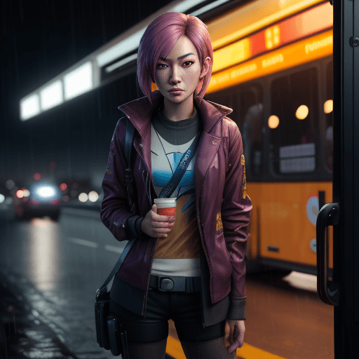 AI generated:  Natasha Liu Bordizzo standing at a bus stop in a rainy morning of october, dressed like Sabine Wren...