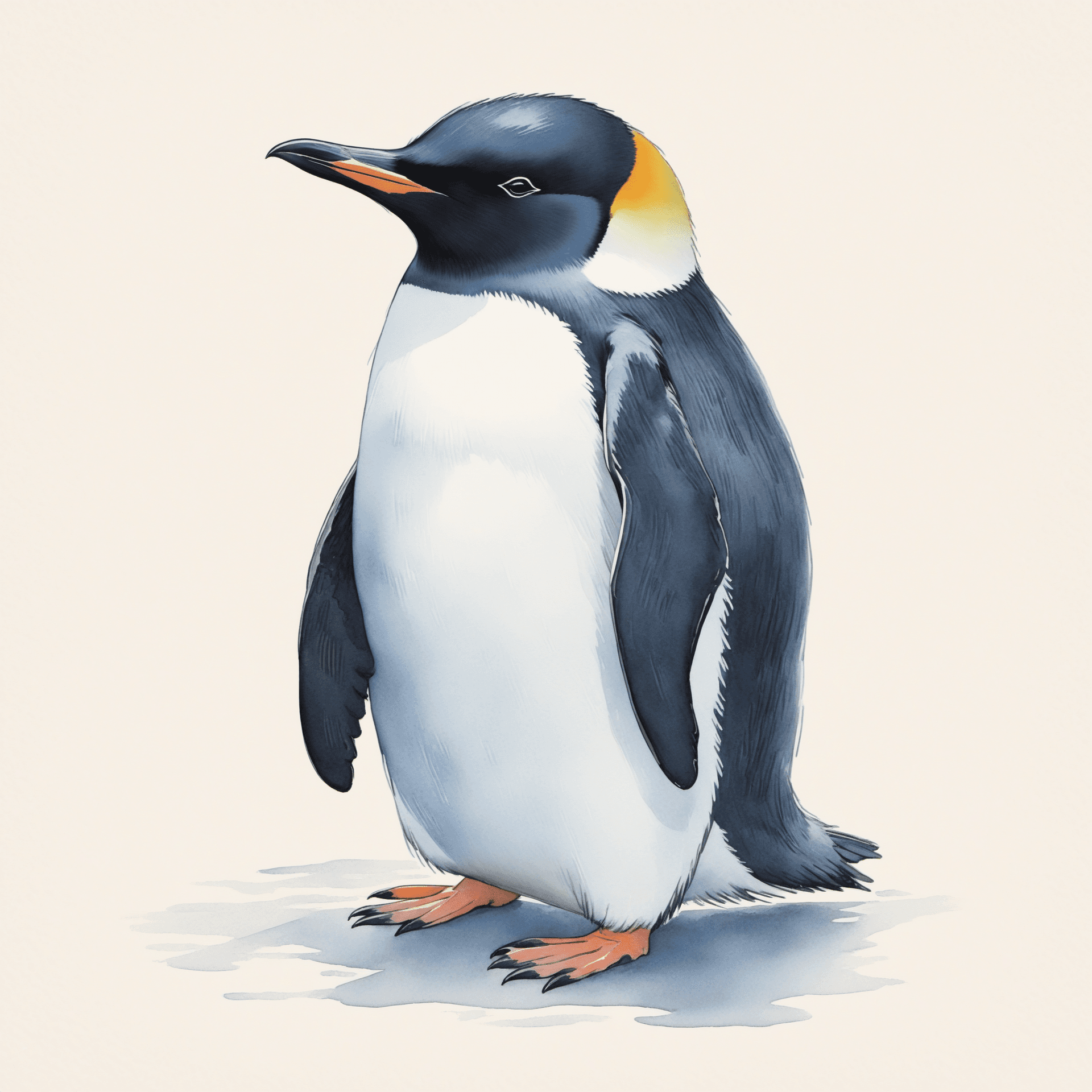 AI generated: young round penguin, highly detailed fine pencil lines, watercolour painting, japanese style, pastel...