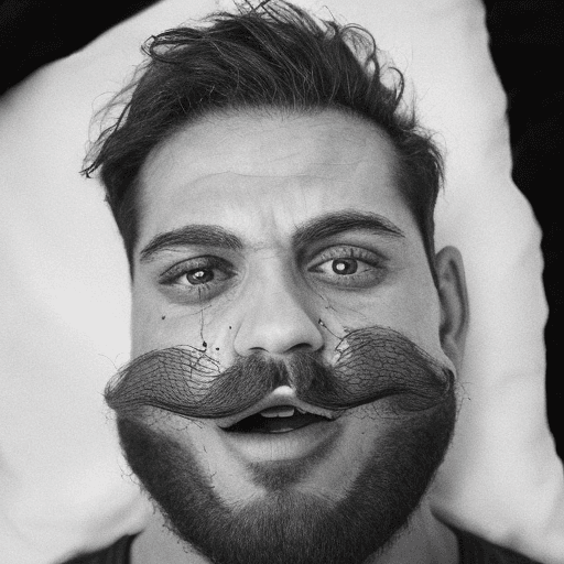 AI generated: Hyper realistic 
The incredible face of a man with a mustache, he yells, his eyes are red with rage,...