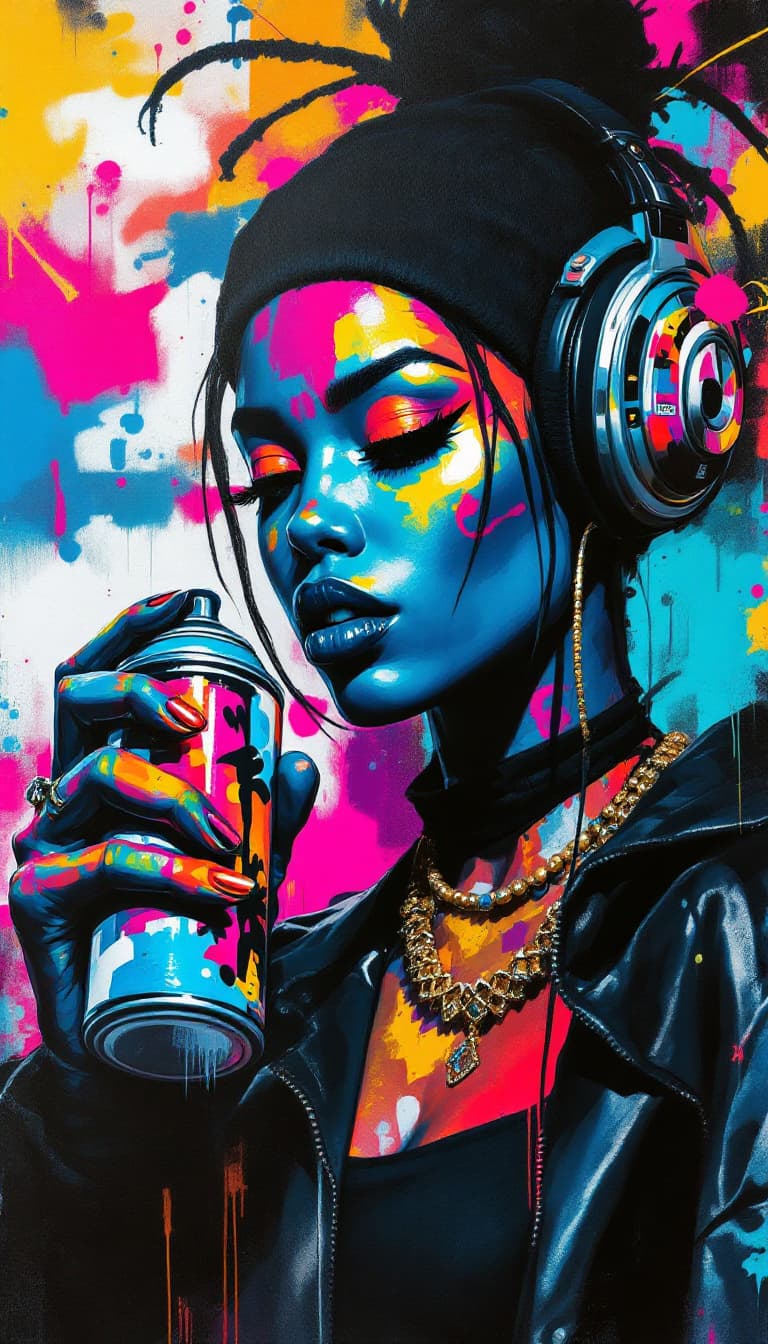 AI generated: Aerosol Art, Spray Paint, Dynamic Forms, Urban, Woman Holding a Spray Can Painting, Bold Movement, H...