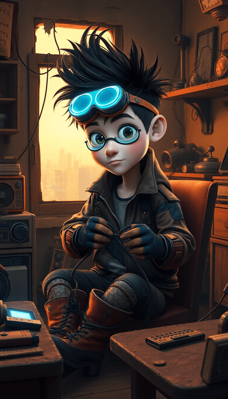 AI generated: A young, whimsical post-apocalyptic boy, around 10 years old, with wild, unkempt hair and oversized ...