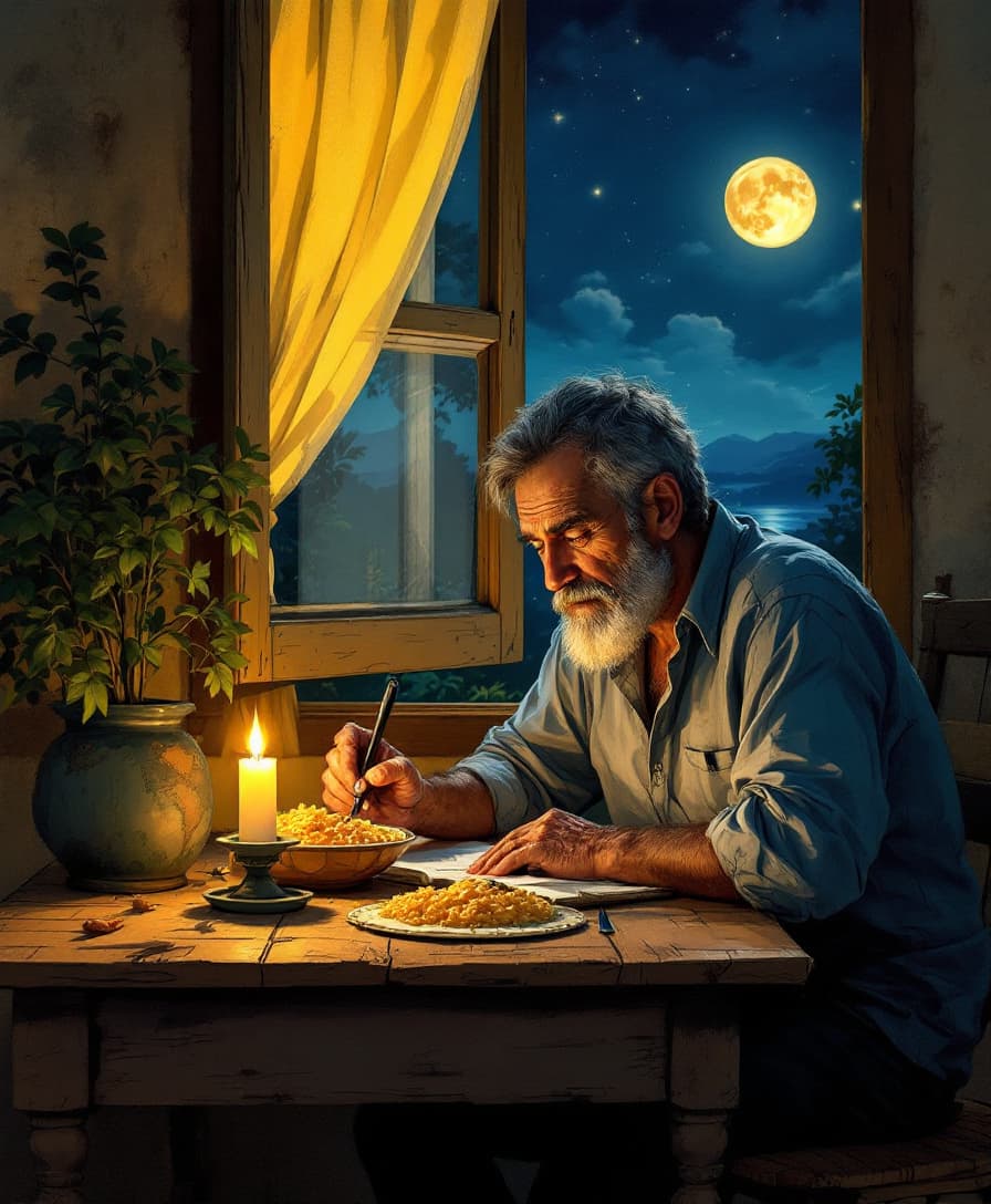 AI generated: Crie uma ilustração realista de um poeta sentado à mesa em uma pequena casa rústica à luz de uma vel...