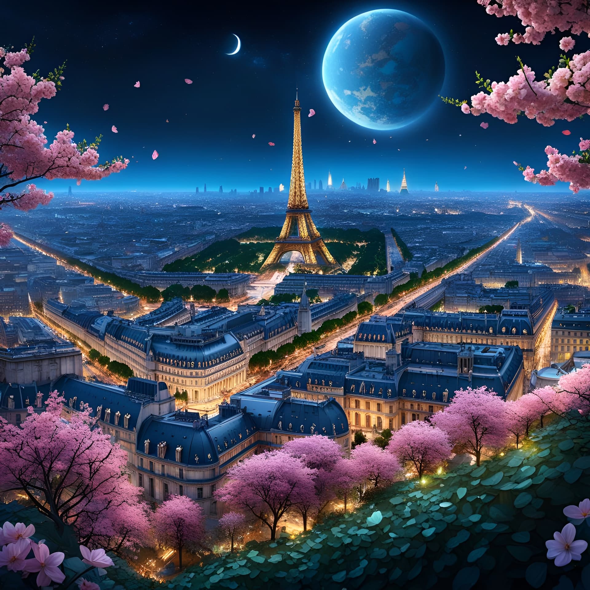 AI generated: Zoomed out view of The city of Paris 1000 years in the future at night, fantasy, 8k surreal quality,...