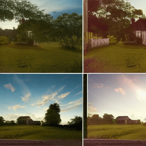 AI generated: Grid of four square photos of the same photo during different times of the day, scene of a beautiful...