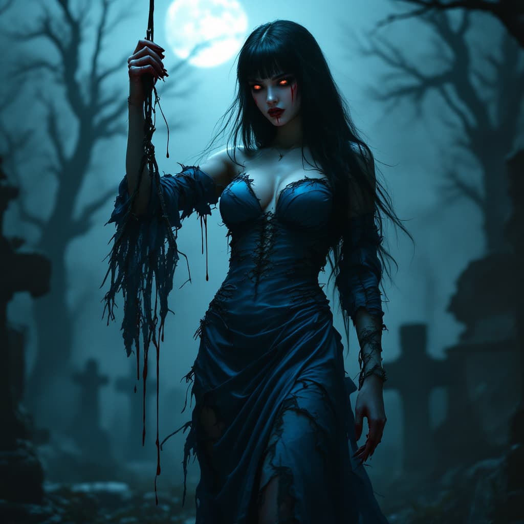 AI generated: A full body HD photo of a tall female vampire standing with body slightly turned to the left in cent...