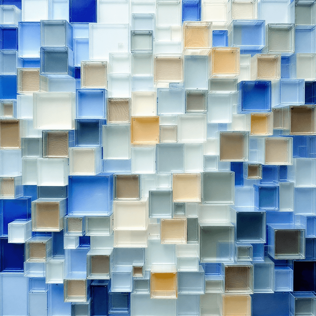 AI generated: A white and blue abstract wall sculpture made of glass cubes, each cube is of different sizes and sh...