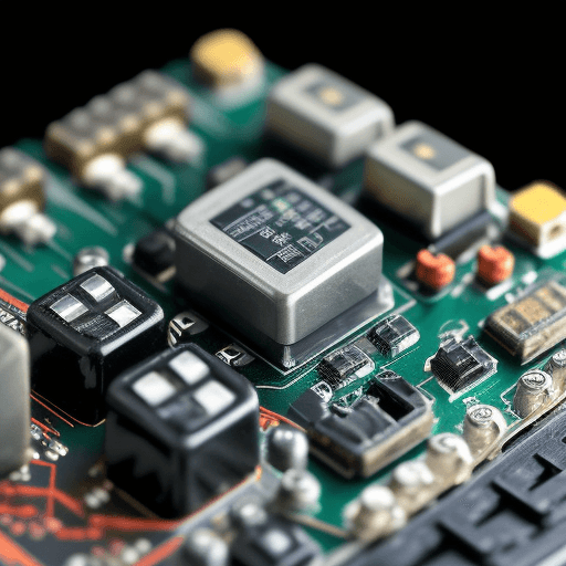 AI generated: Japanese electronic component capacitor in front with blurred background of circuit boards in brown ...