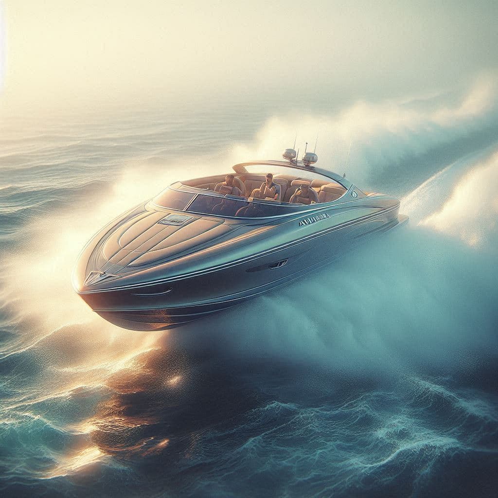 AI generated: A piloted Riva Aquarama speedboat, in the style of realistic hyper-detailed rendering, soft, dreamy ...