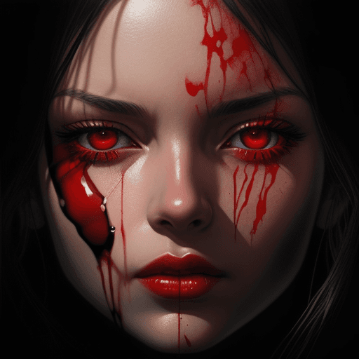 AI generated: blood drops on a woman's face like Ai, killer, shiny eyes, elegant, lovely, dark, dramatic light, in...