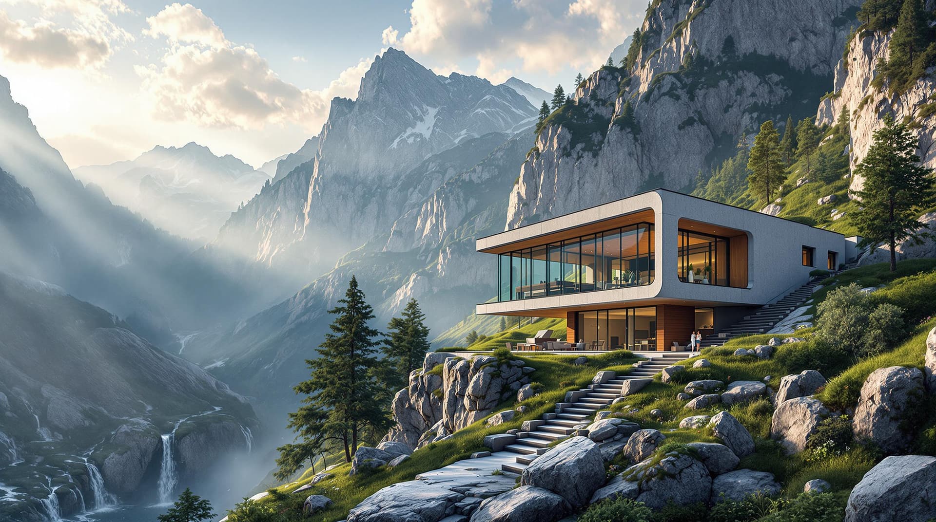 AI generated: Hyper-Realistic photography of a Bauhaus architecture building on a slope with concrete, wooden and ...